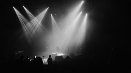 Naklejka premium Silhouetted audience watches a band perform under bright stage lights in a concert venue.