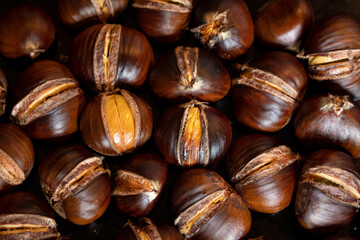 Roasted Chestnuts on a Baking Tray