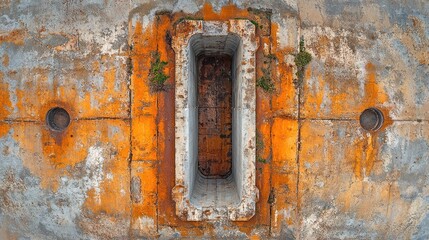 Aerial view of a rusted industrial structure.