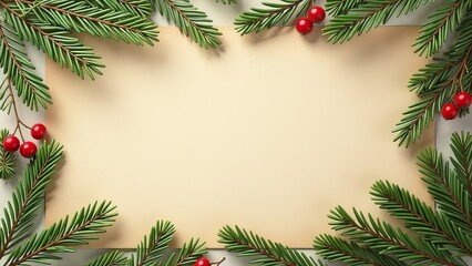 New Year's beige background with fir branches and berries.