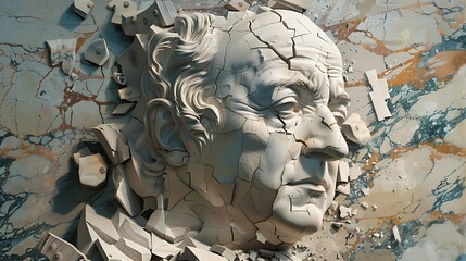 A sculptural representation of a cracked face, blending art and surrealism to evoke emotion and contemplation.