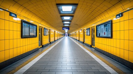 An empty yellow subway platform with tiled walls and a central walkway leading to a tunnel.