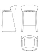 Bar Chair, Bar stool editable vector illustration on white background. chair Line art, clip art, Fancy Chair, Hand-drawn design elements with Front, Side, and Top Views