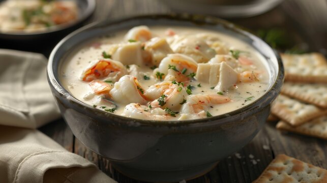 A tempting bowl of creamy seafood chowder filled with shrimp, crab