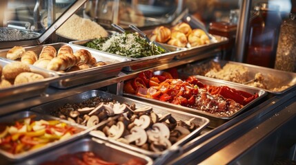 Fototapeta premium A tempting build-your-own pizza bar with a variety of toppings such as pepperoni, mushrooms