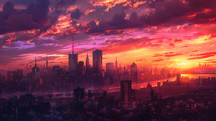 A City Skyline at Sunset with the Sky Ablaze in Orange and Pink Hues, Casting a Warm Glow Over Skyscrapers and Reflecting the Energy and Beauty of Urban Life at Dusk