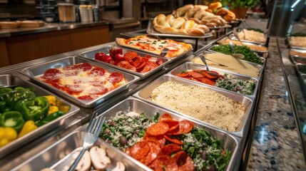 Obraz premium A tempting build-your-own pizza bar with a variety of toppings such as pepperoni, mushrooms