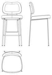 Bar Chair, Bar stool editable vector illustration on white background. chair Line art, clip art, Fancy Chair, Hand-drawn design elements with Front, Side, and Top Views