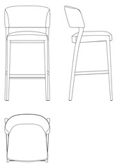 Bar Chair, Bar stool editable vector illustration on white background. chair Line art, clip art, Fancy Chair, Hand-drawn design elements with Front, Side, and Top Views