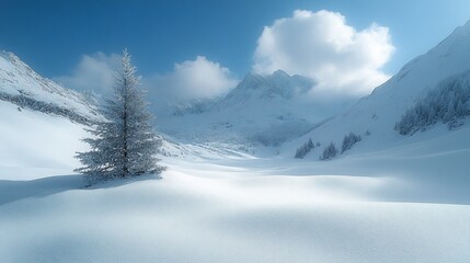 Obraz premium A serene winter landscape featuring snow-covered mountains and a solitary tree.