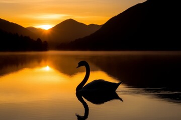 Naklejka premium A pair of elegant swans swimming on a tranquil lake at dawn with fog rising from the water.