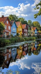 Obraz premium Colorful riverside houses reflected on the water under clear skies in a peaceful town
