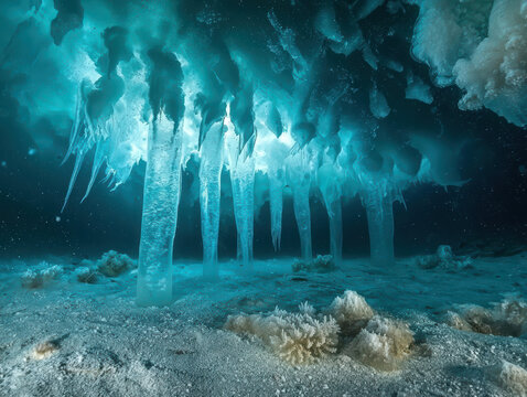 Frozen brinicles forming a surreal icy underwater wonderland.