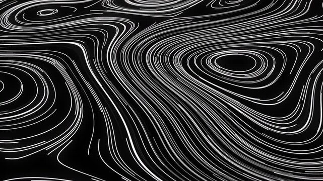 White swirling lines on black create abstract flowing patterns.