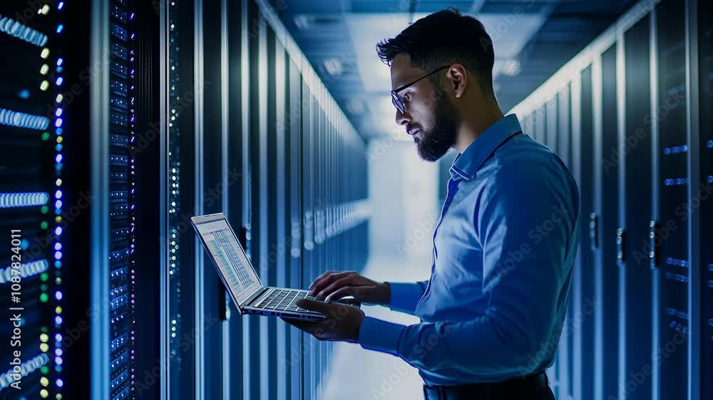 Poster male it engineer works on a laptop at the end of a corridor in a big data center. rows of rack serve