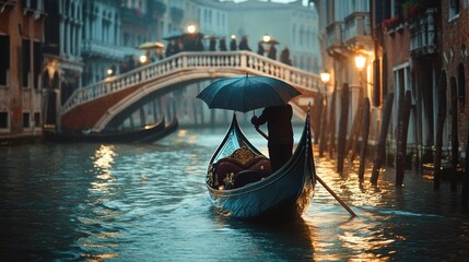 Romantic couple on a gondola ride through the historic canals of Venice, with iconic bridges and architecture in the background, sharing an umbrella as light rain falls