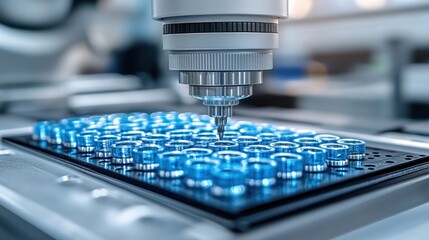 Automated machine processing blue vials.