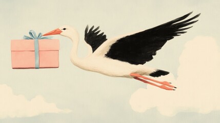A stork carrying a baby bundle in a nest with a soft pink or blue ribbon, flying over clouds.