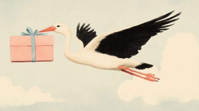 A stork carrying a baby bundle in a nest with a soft pink or blue ribbon, flying over clouds.