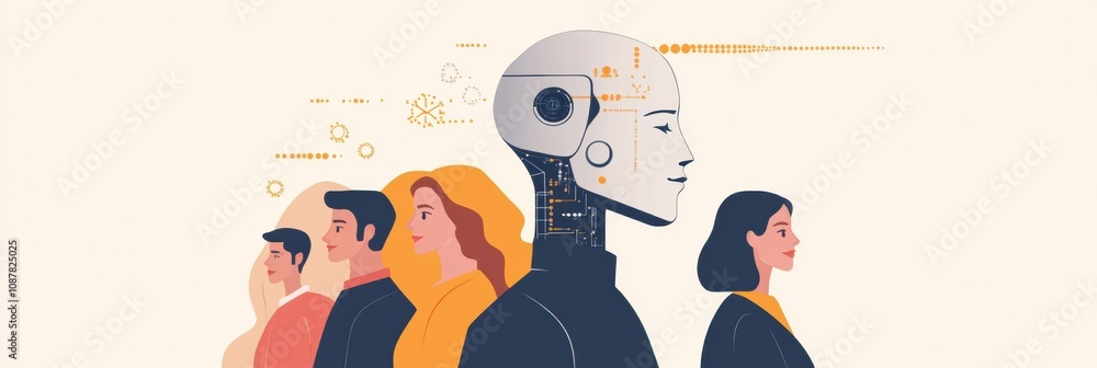 Poster a group of individuals gathers, intrigued by an abstract ai system, showcasing a blend of human curi