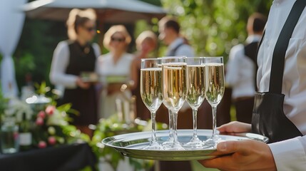 A waiter serving champagne glasses at a festive outdoor gathering with guests in the background.