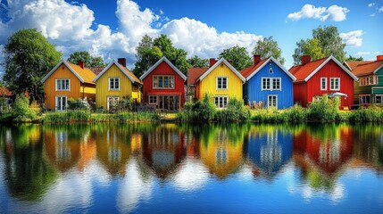 Fototapeta premium Colorful riverside houses reflected on the water under clear skies in a peaceful town