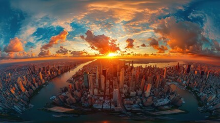 Manhattan Sunset Aerial Panorama: A breathtaking 360 view of the NYC skyline during a vibrant sunset, capturing the city's energy and the beauty of the natural sky.