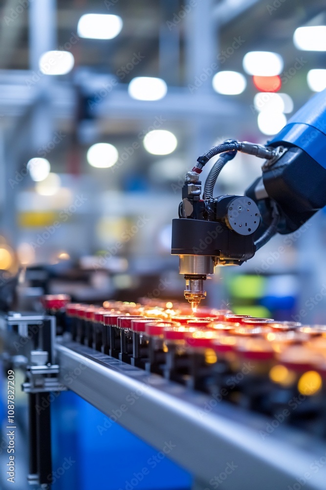 Aufkleber a robotic arm assembling components on a conveyor belt in a factory setting.