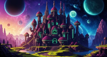 Obraz premium World of aliens in pixel art style illustration