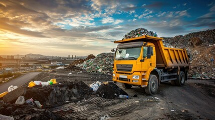 Dump truck on a landfill with a sunset background, showcasing waste management and environmental issues, highlighting urban pollution and the impact of trash accumulation