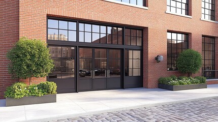 Brick building entrance with large black doors and planters.