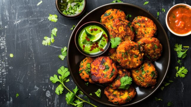 A tempting plate of Indian aloo tikki, spiced potato patties served with tamarind chutney and mint sauce