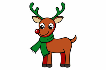 Illustration of a happy cartoon Christmas Reindeer Rudolph with scarf. Vector character.on white
