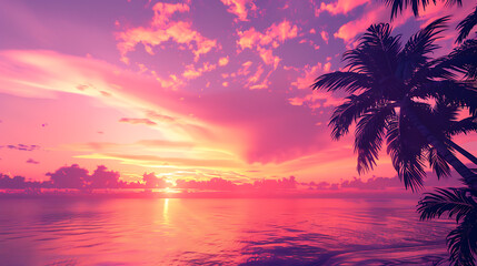 "A Tropical Sunset with the Sky Blending into Pink and Orange Hues, Capturing the Stunning Beauty of a Peaceful Evening Over Calm Waters and Lush Tropical Scenery"

