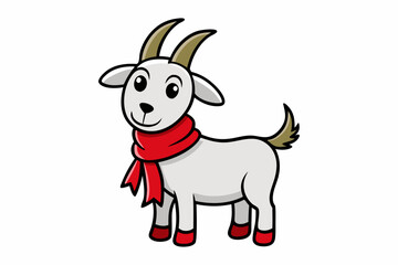 cute christmas goat vector icon isolated on white background, farm animal happy goat in red scarf, cartoon character, flat style.editable icon 