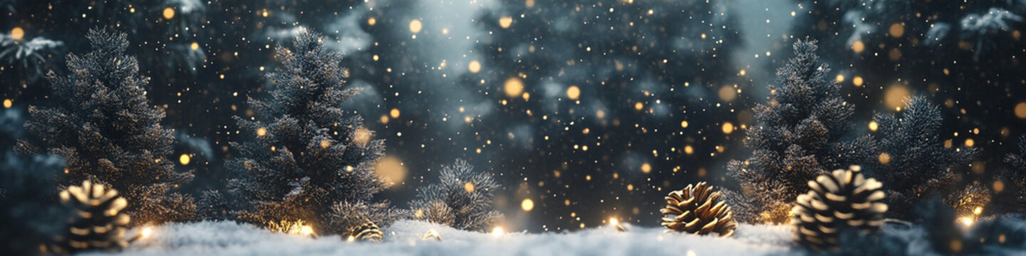 Snow header christmas and new year background  pine trees and pine cones banner with copy space for text