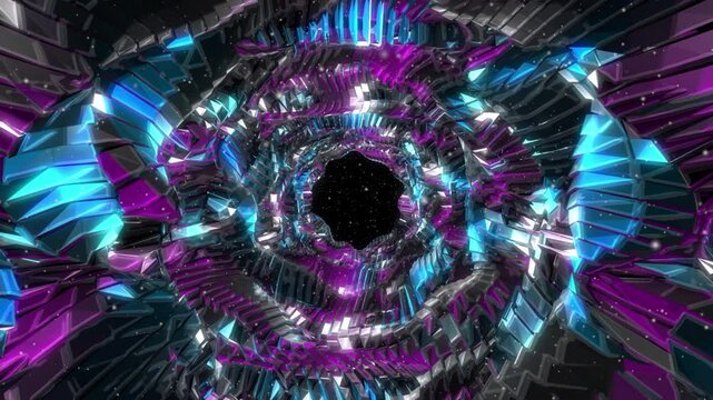 A swirling tunnel glows with vibrant blue purple and silver.