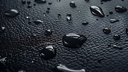 Close-up of water droplets on textured black leather, showcasing the material's surface and water resistance.