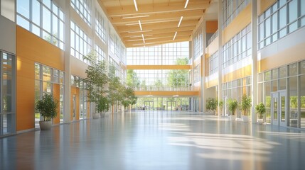 Bright, spacious modern building atrium with large windows, plants, and polished floors.