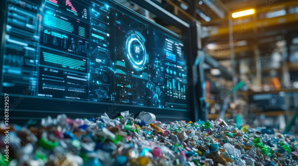 Aufkleber A large digital screen with a futuristic display shows data about the recycling process. It is in a large, industrial setting with a large pile of recycled materials in the foreground.