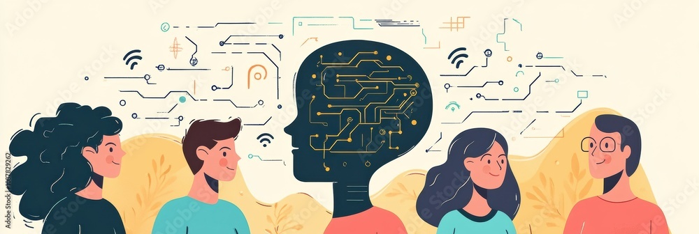 Aufkleber A diverse group of individuals looks towards an abstract AI system, engaging in discussions about technology and its impact on society. Generative AI