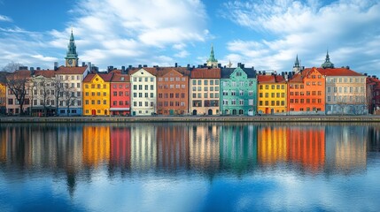 Obraz premium Colorful riverside houses reflected on the water under clear skies in a peaceful town