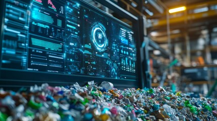 A large digital screen with a futuristic display shows data about the recycling process. It is in a large, industrial setting with a large pile of recycled materials in the foreground.