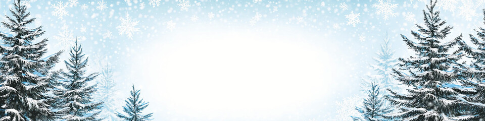 Banner with snow design pine trees in background fir copy space for text snowing weather blue sky