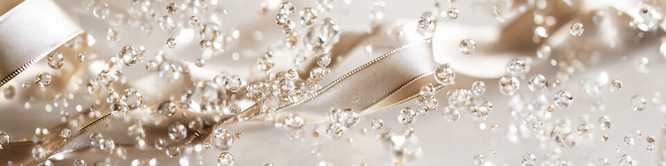 Abstract header elegant pearls falling in cream ribbon white background golden banner 