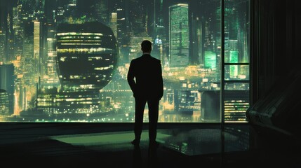 Fototapeta premium Futuristic Cityscape at Night: A Man Contemplates the Urban Panorama