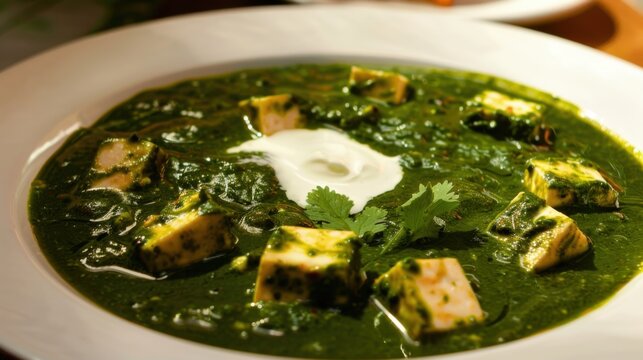 A tempting plate of Indian palak paneer, creamy spinach curry with paneer cheese