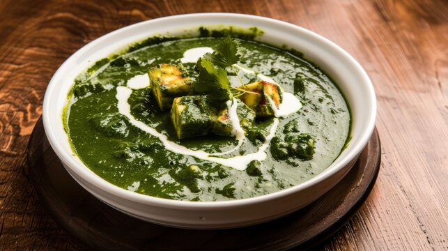 A tempting plate of Indian palak paneer, creamy spinach curry with paneer cheese