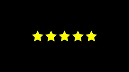 Five stars rating concept, yellow 5 stars review or rating concept for customer feedback. Five star rating animation on black background.