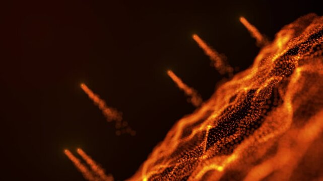 Orange meteors streak across dark space toward glowing orange terrain.